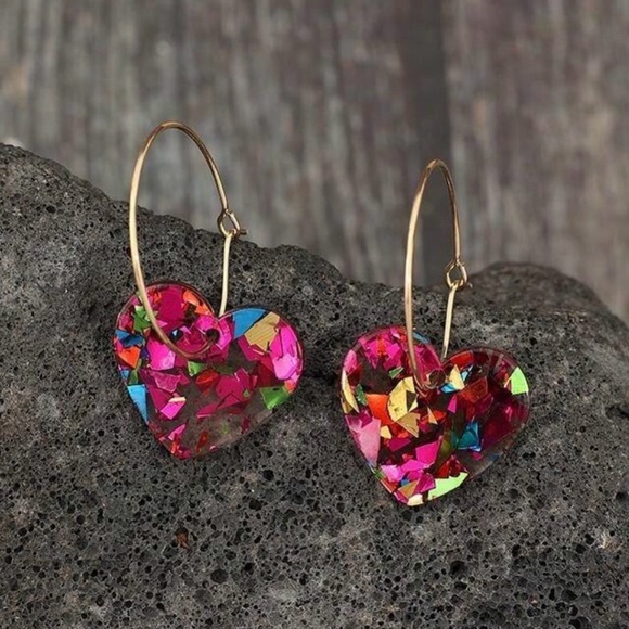 Colorful Glitter and Clear Heart Drop Earrings - Picture 3 of 3